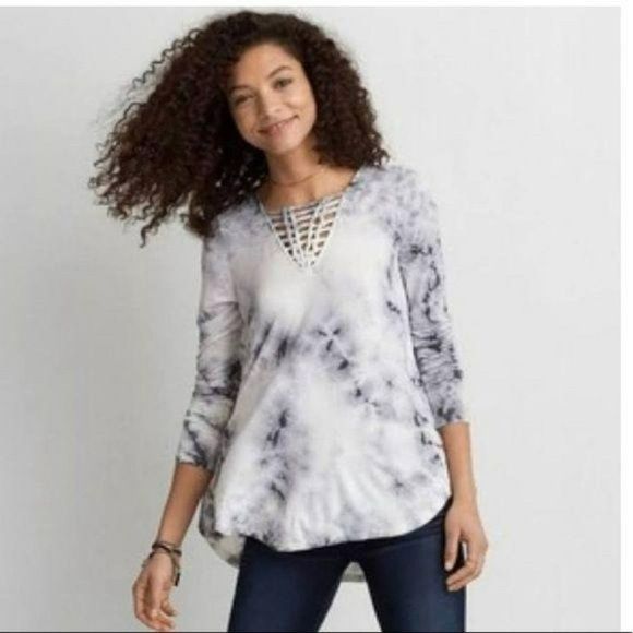American Eagle Outfitters Tops - American Eagle Woman's Gray Black Tie Dye Long Sleeve Top Blouse Size Small